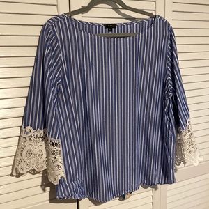 Blue and white striped 3/4 sleeve blouse with lace detail